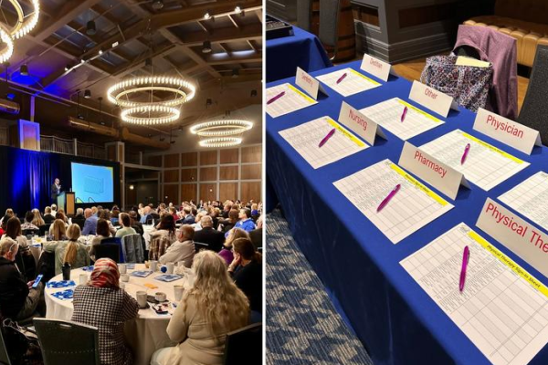 Picture of Vanderbilt University School of Medicine's Bill Cutrer (left) presenting his keynote speech at the 30th annual UK Voluntary Faculty Program Conference. Various UK college and programs were represented and received Continued Medical Education credits. The tabling for CE sign in at the conference (right).