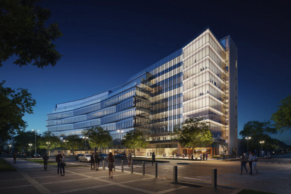 Rendering of the new Rankin Health Education Building at night.