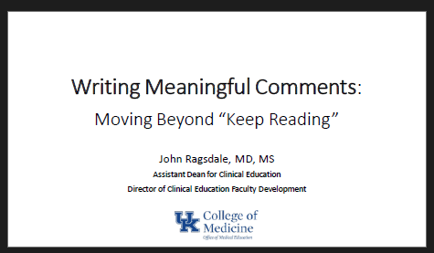 Title slide for "Writing Meaningful Comments" Medicine presentation for Voluntary Faculty Conference.
